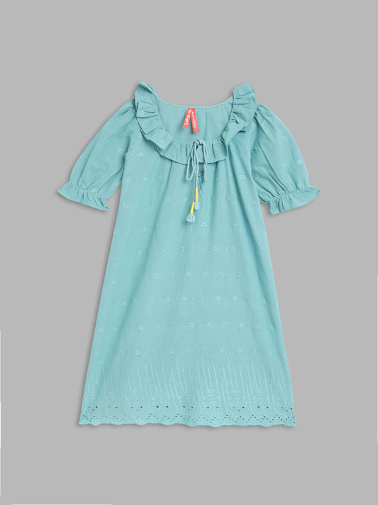 Blue Giraffe Girls Blue Embroidered Round Neck Short Sleeves A-Line Dress