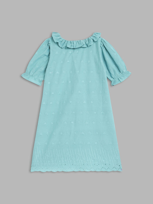 Blue Giraffe Girls Blue Embroidered Round Neck Short Sleeves A-Line Dress