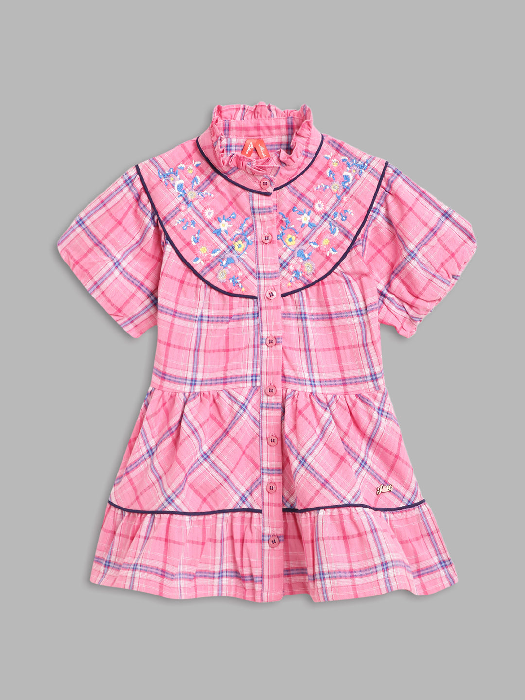 Blue Giraffe Girls Pink Checked High Neck Short Sleeves A-Line Dress