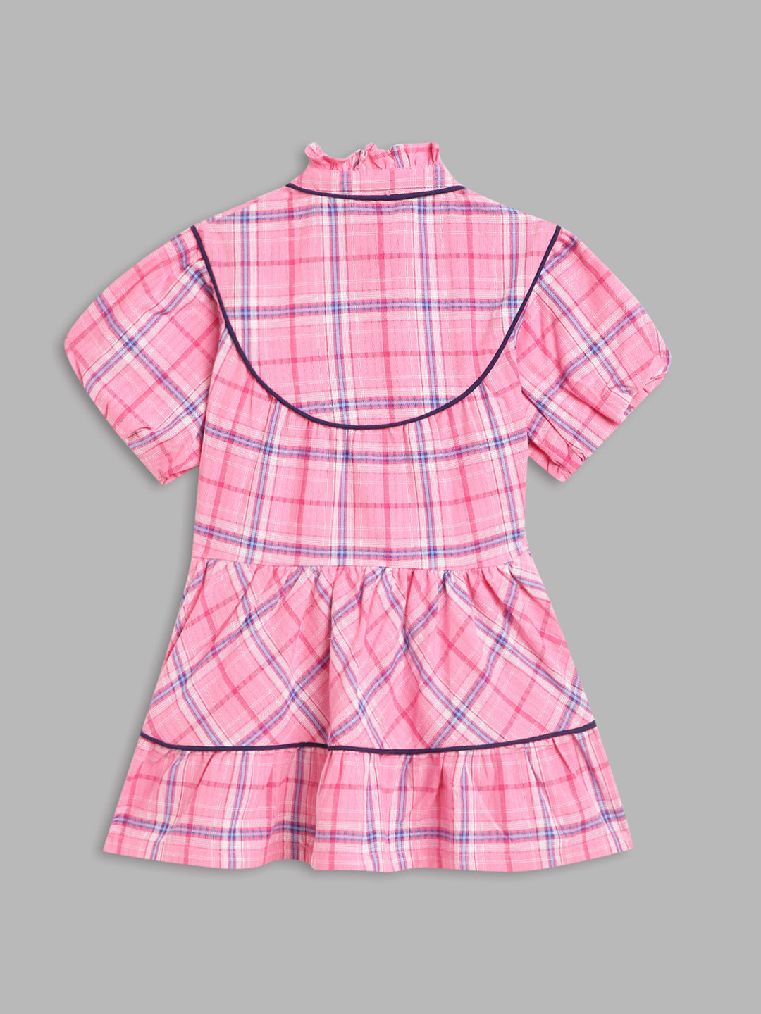 Blue Giraffe Girls Pink Checked High Neck Short Sleeves A-Line Dress