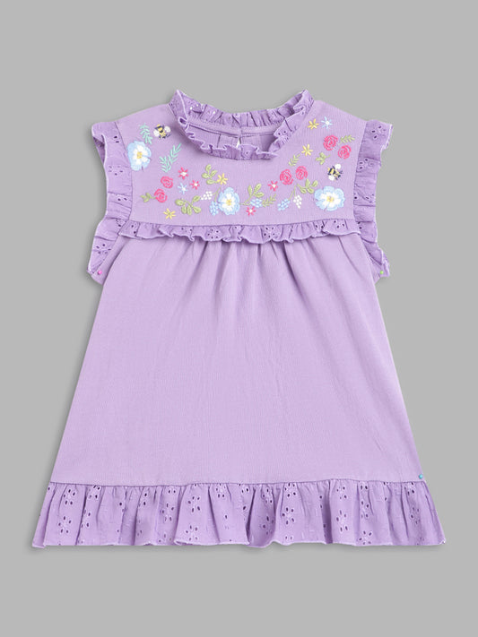 Blue Giraffe Girls Purple Embroidered Round Neck Short Sleeves Top