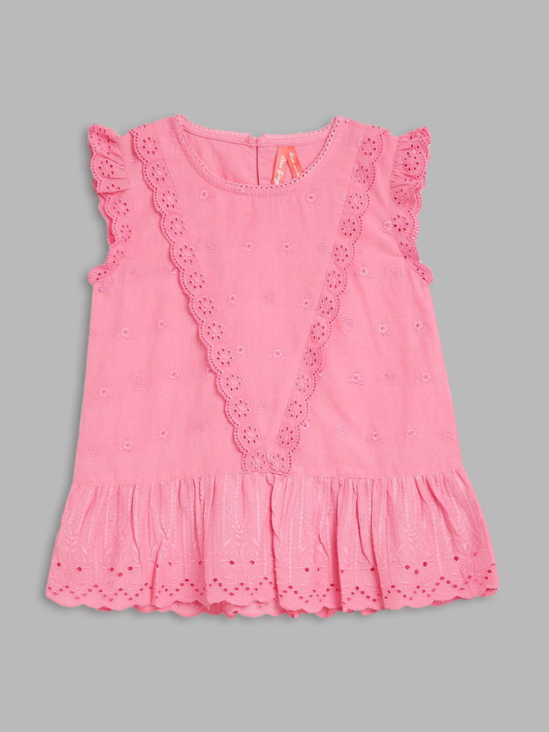 Blue Giraffe Girls Pink Embroidered Round Neck Short Sleeves Top