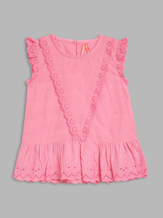 Blue Giraffe Girls Pink Embroidered Round Neck Short Sleeves Top