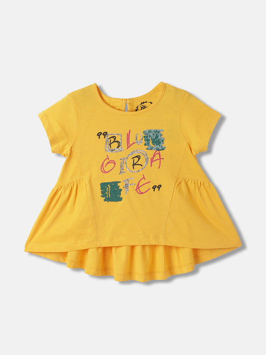 Blue Giraffe Girls Yellow Printed Round Neck Short Sleeves A-Line Dress