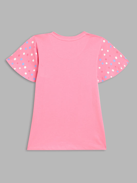 Blue Giraffe Girls Pink Printed Round Neck Short Sleeves T-Shirt