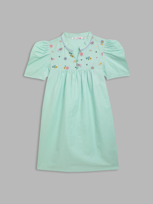 Elle Kids Girls Green Solid Round Neck Dress