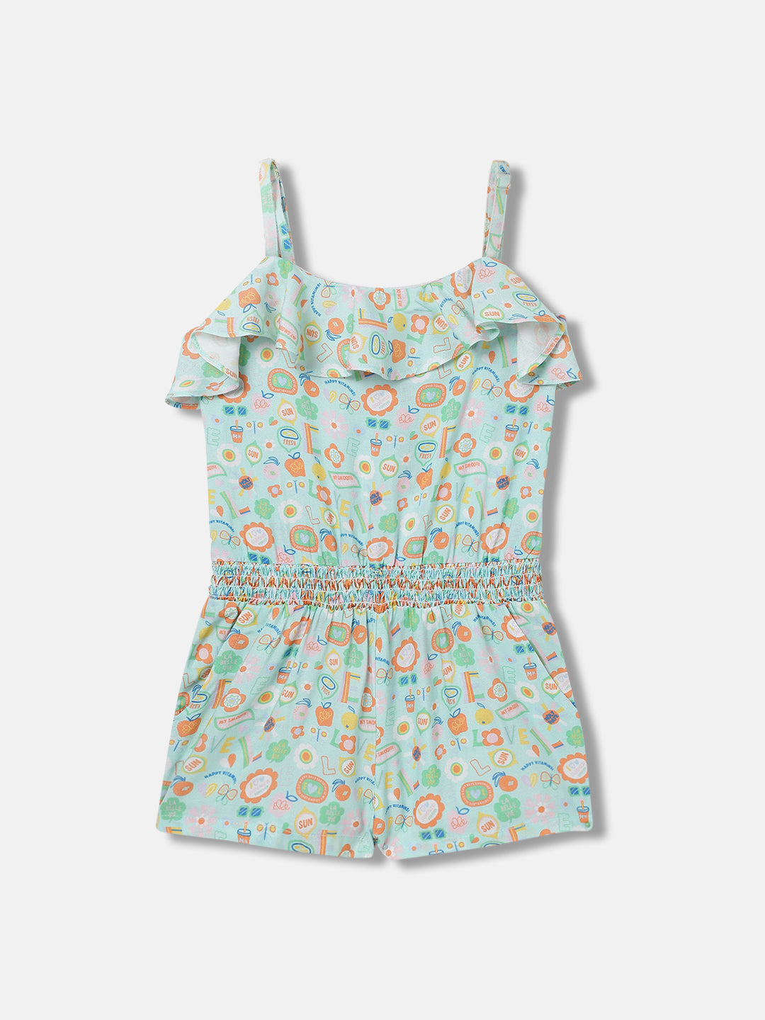 Elle Kids Girls Green Printed Round Neck Playsuit