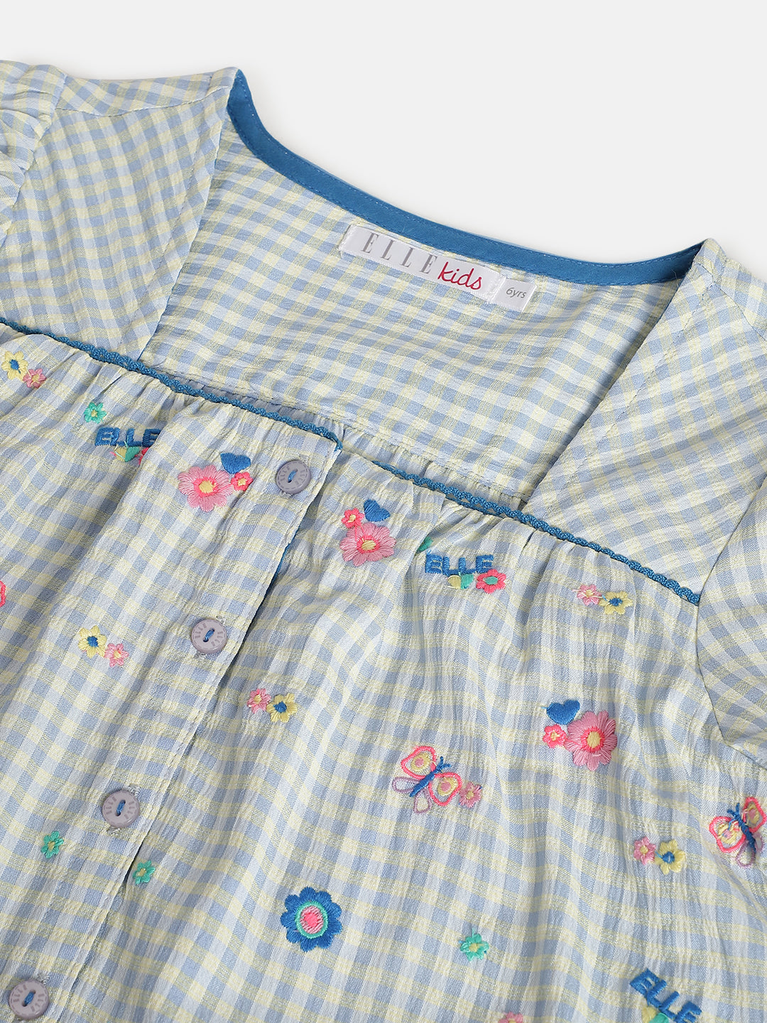 Elle Kids Girls Blue Checked Square Neck Top