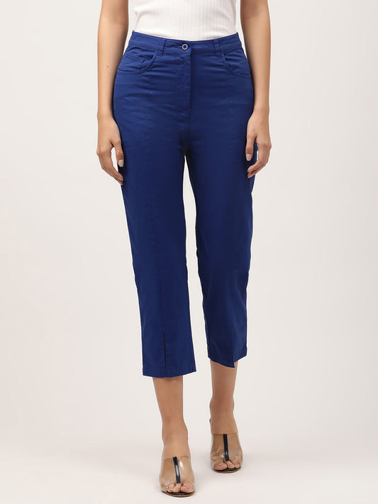 Elle Women Blue Solid Body Fit Flat-Front Trouser