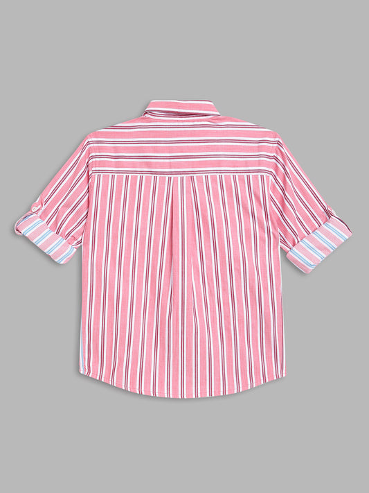 Blue Giraffe Boys Red Striped Spread Collar Full Sleeves Shirt