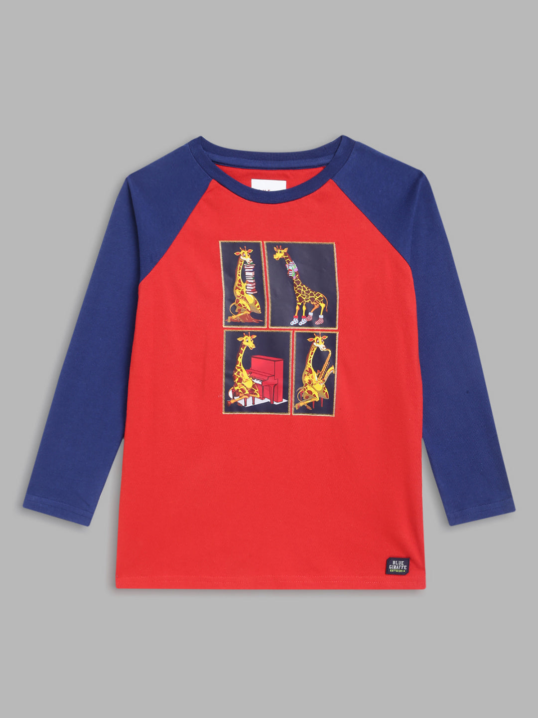 Blue Giraffe Boys Red Printed Round Neck Full Sleeves T-Shirt