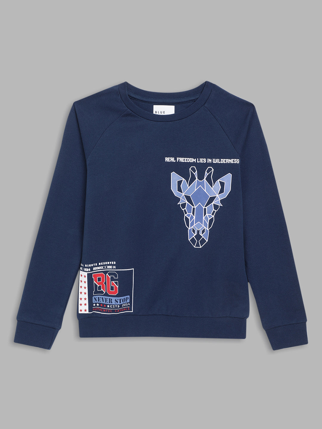 Blue Giraffe Boys Navy Blue Printed Round Neck Full Sleeves Pullover Style Sweatshirt