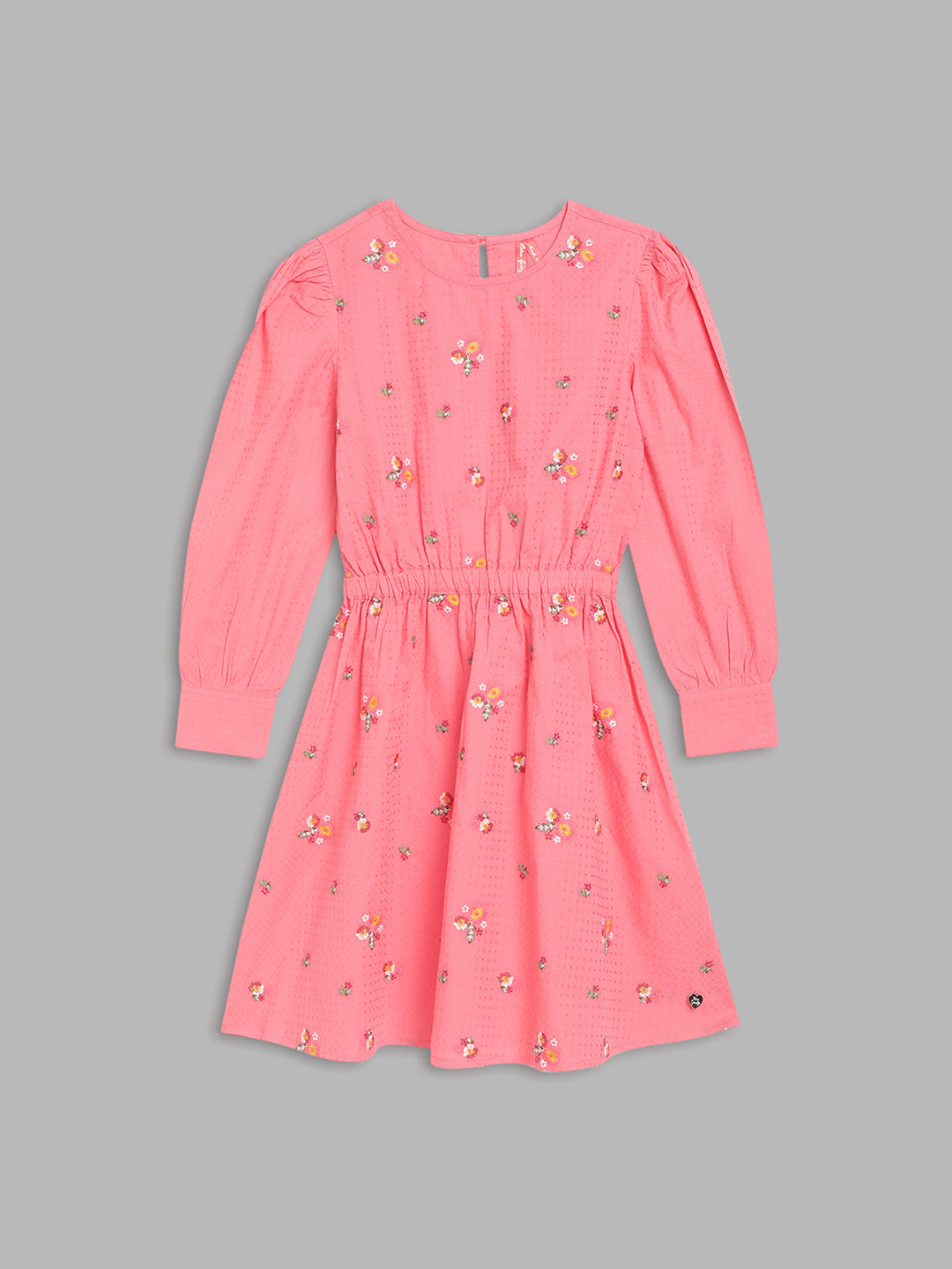 Blue Giraffe Girls Pink Embroidered Round Neck Full Sleeves Fit and Flared Dress