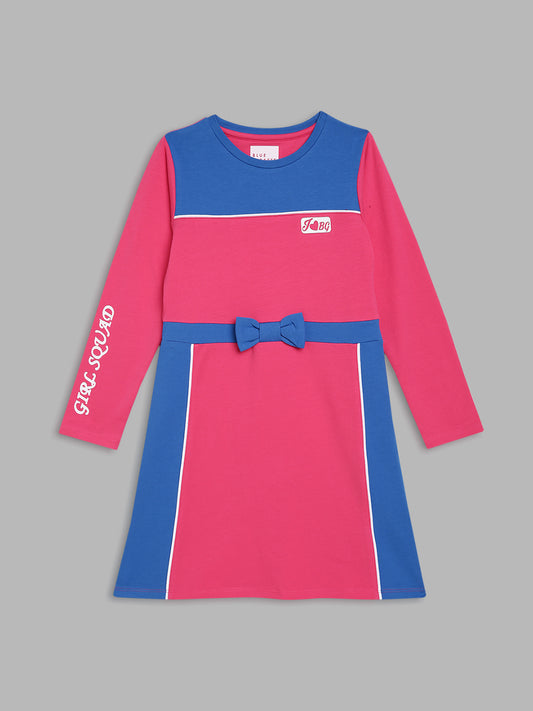 Blue Giraffe Girls Pink Colorblocked Round Neck Full Sleeves A-line Dress