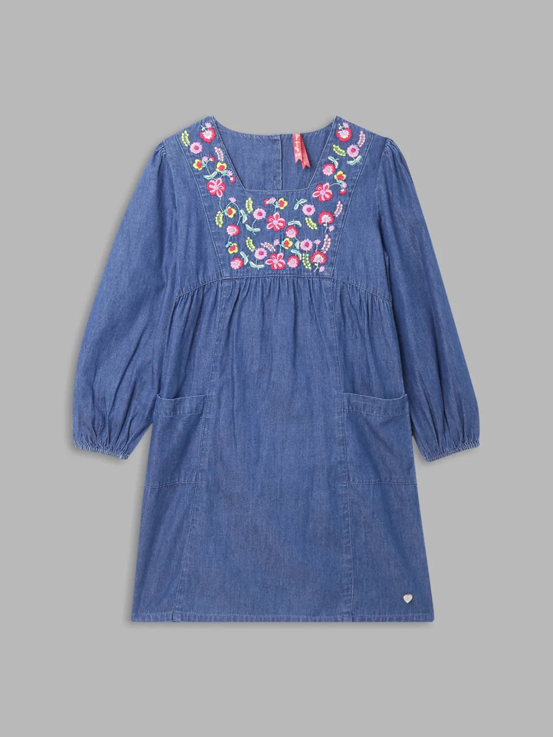 Blue Giraffe Girls Blue Embroidered Square Neck Full Sleeves Dress