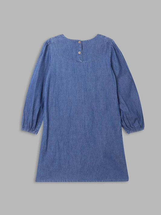 Blue Giraffe Girls Blue Embroidered Square Neck Full Sleeves Dress