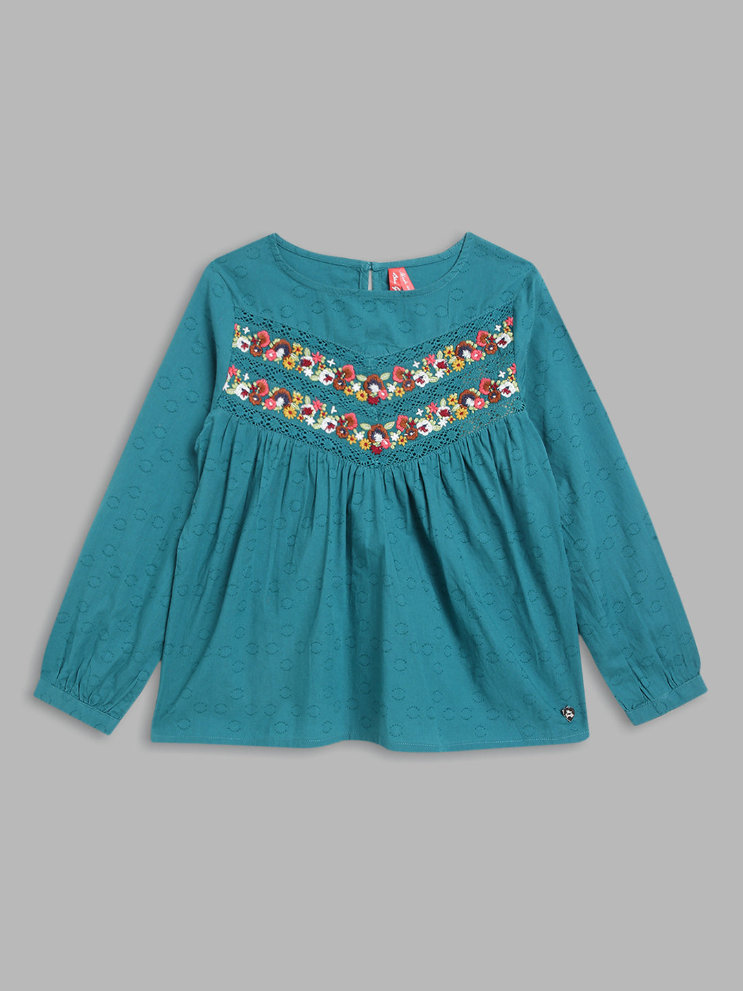 Blue Giraffe Girls Teal Embroidered Round Neck Full Sleeves Top