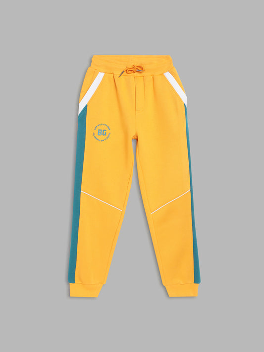 Blue Giraffe Boys Yellow Colorblocked Straight Fit Mid-Rise Joggers Style Trackpant