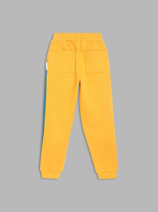 Blue Giraffe Boys Yellow Colorblocked Straight Fit Mid-Rise Joggers Style Trackpant