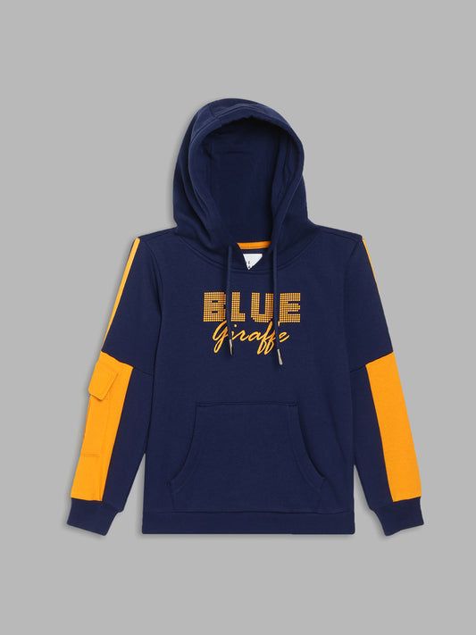 Blue Giraffe Boys Navy Blue Solid Hooded Full Sleeves Sweatshirt