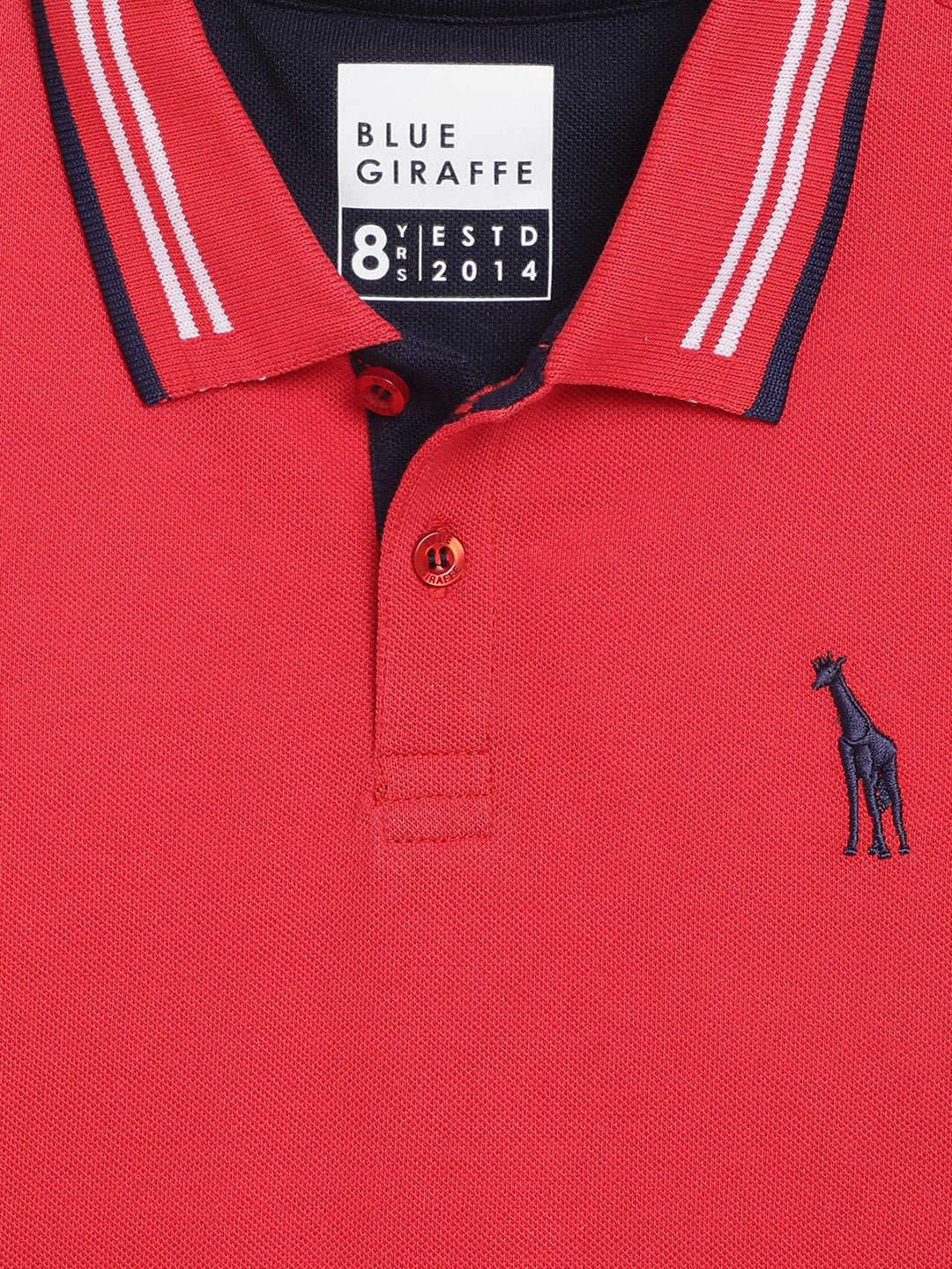 Blue Giraffe Boys Red Solid Polo Collar Full Sleeves T-Shirt