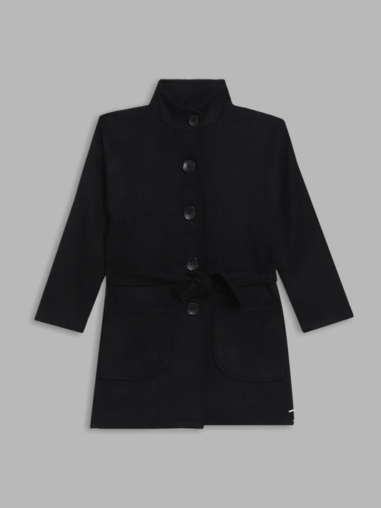 Blue Giraffe Girls Black Solid Stand Collar Full Sleeves Single Breasted Overcoat