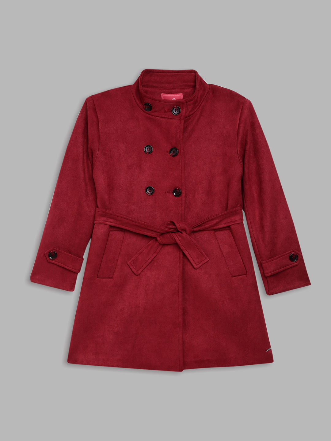 Blue Giraffe Girls Maroon Solid Stand Collar Full Sleeves Double Breasted Overcoat