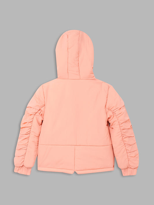 Blue Giraffe Girls Peach Solid Hooded Full Sleeves Bomber Jacket