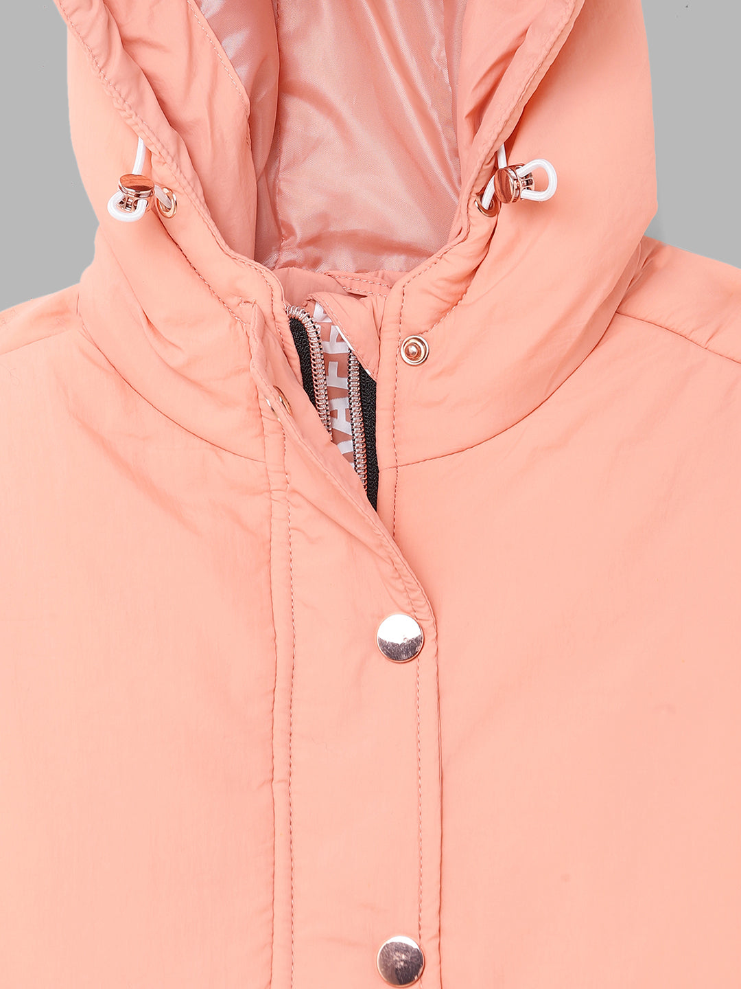 Blue Giraffe Girls Peach Solid Hooded Full Sleeves Bomber Jacket