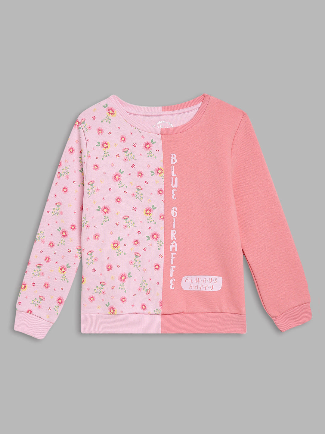 Blue Giraffe Girls Pink Printed Round Neck Full Sleeves Pullover Style Sweatshirt