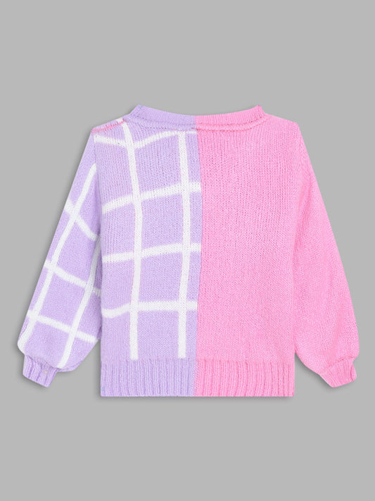 Blue Giraffe Girls Pink Color-Blocked Round Neck Full Sleeves Pullover Style Sweater