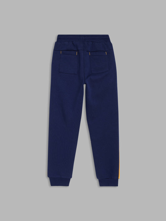 Blue Giraffe Boys Navy Blue Colorblocked Regular Fit Mid-Rise Joggers Style Trackpant