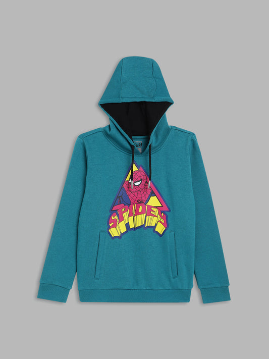 Blue Giraffe Boys Teal Printed Hooded Full Sleeves Pullover Style Sweatshirt