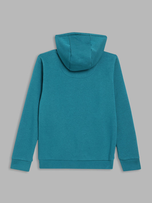 Blue Giraffe Boys Teal Printed Hooded Full Sleeves Pullover Style Sweatshirt