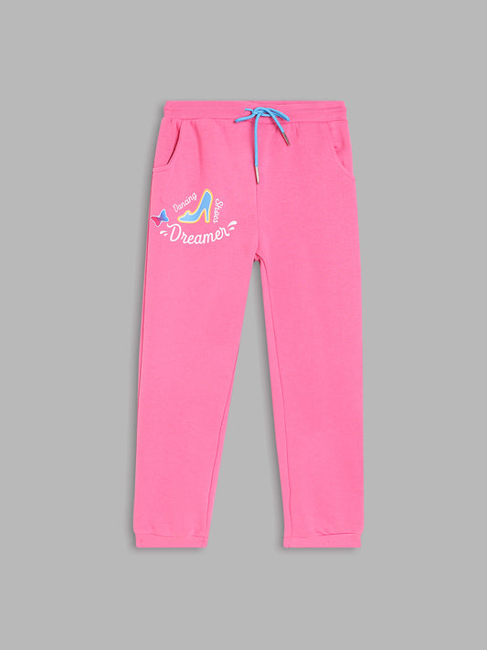 Blue Giraffe Girls Pink Solid Regular Fit Mid-Rise Trackpant