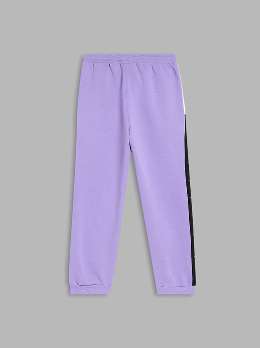 Blue Giraffe Girls Purple Colorblocked Regular Fit Mid-Rise Joggers Style Trackpant