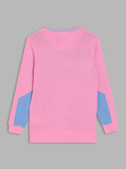 Blue Giraffe Girls Pink Printed Round Neck Full Sleeves Pullover Style Sweater