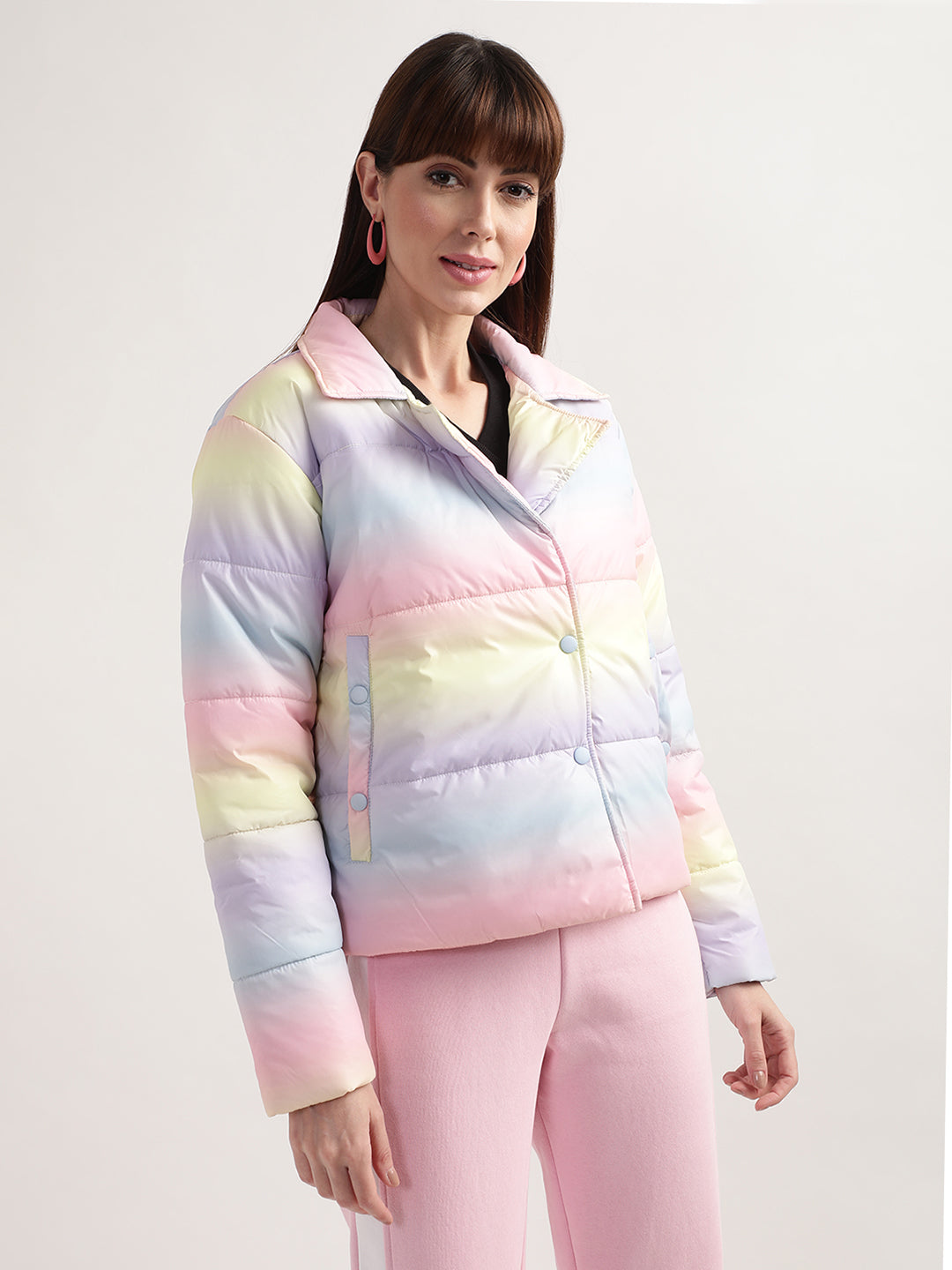 Elle Women Multi-Color Dyed Collar Neck Full Sleeves Puffer Jacket