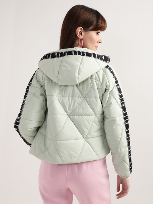 Elle Women Green Solid Hooded Full Sleeves Quilted Jacket