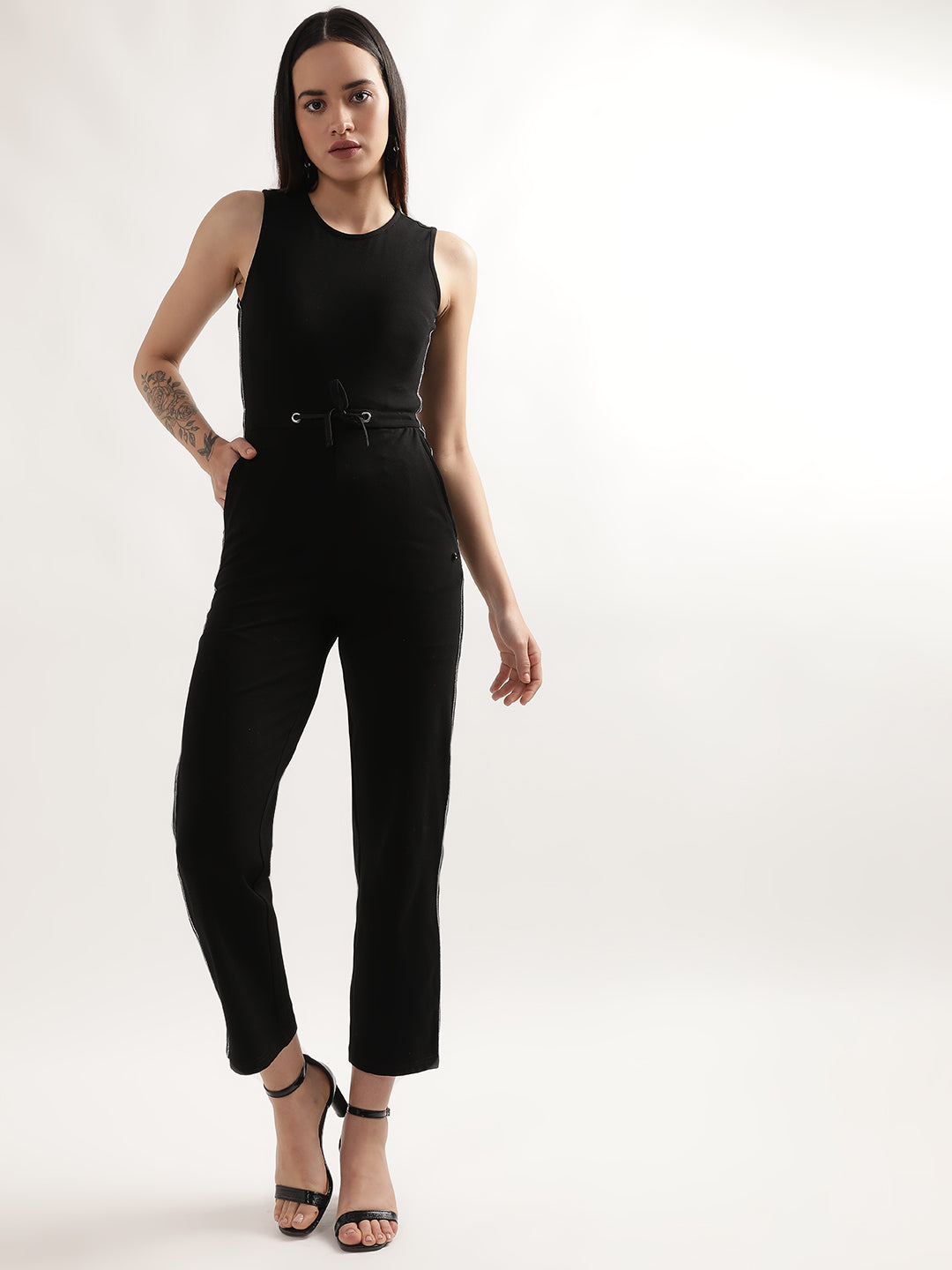 Elle Women Black Solid Round Neck Sleeveless Basic Jumpsuit