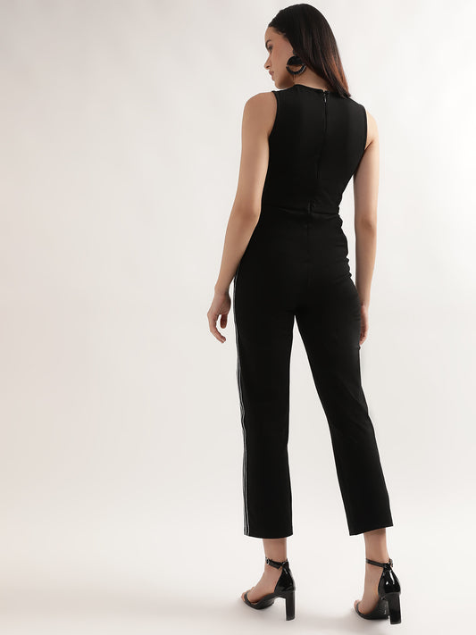 Elle Women Black Solid Round Neck Sleeveless Basic Jumpsuit