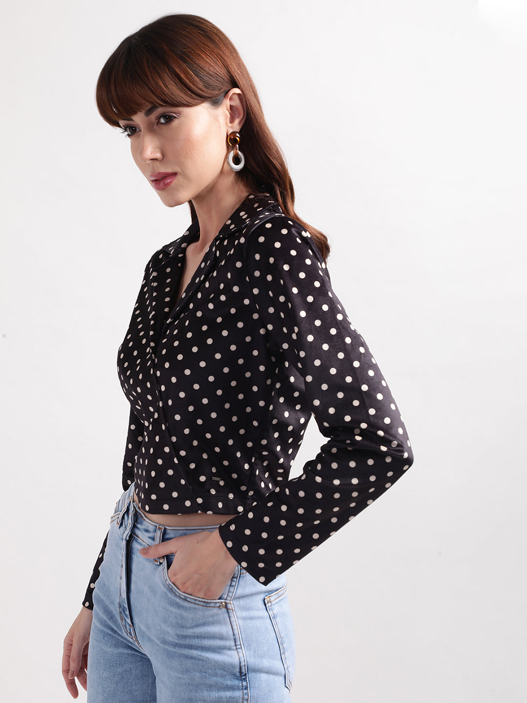 Elle Women Black Printed Collar Neck Full Sleeves Top