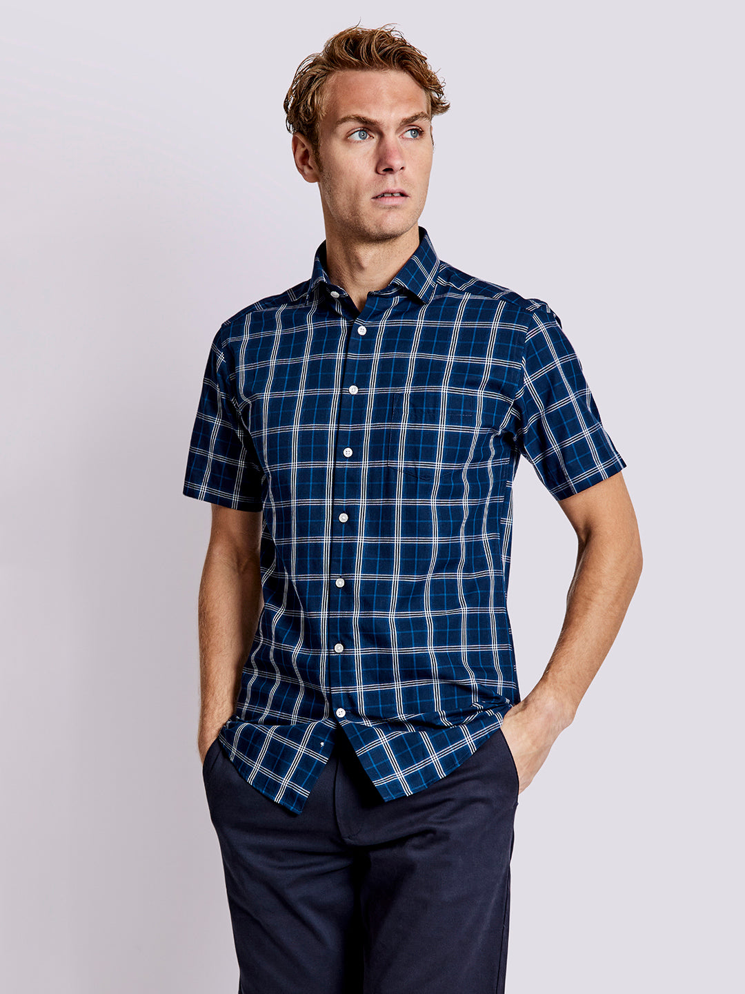 Bruun & Stengade Men Navy Blue Checked Collar Shirt