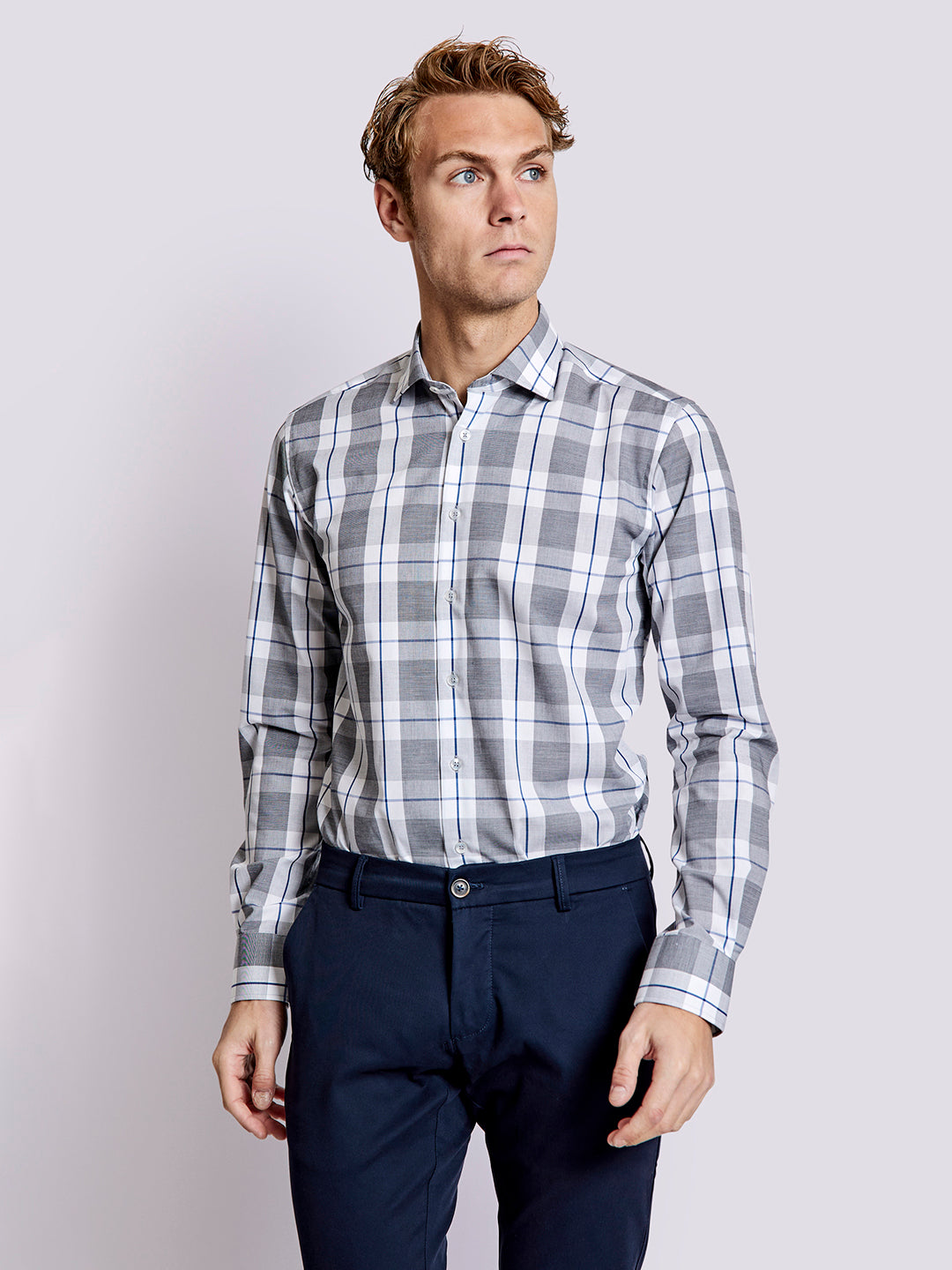 Bruun & Stengade Men Grey Checked Collar Shirt