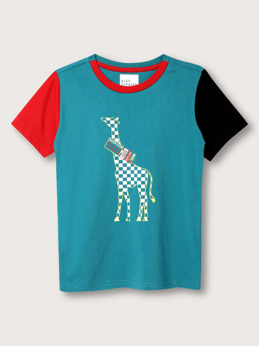 Blue Giraffe Boys Teal Printed Round Neck Short Sleeves T-Shirt