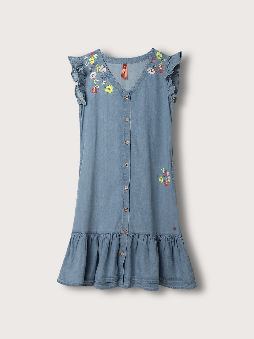 Blue Giraffe Girls Blue Solid V-Neck Short Sleeves Drop Waist Dress