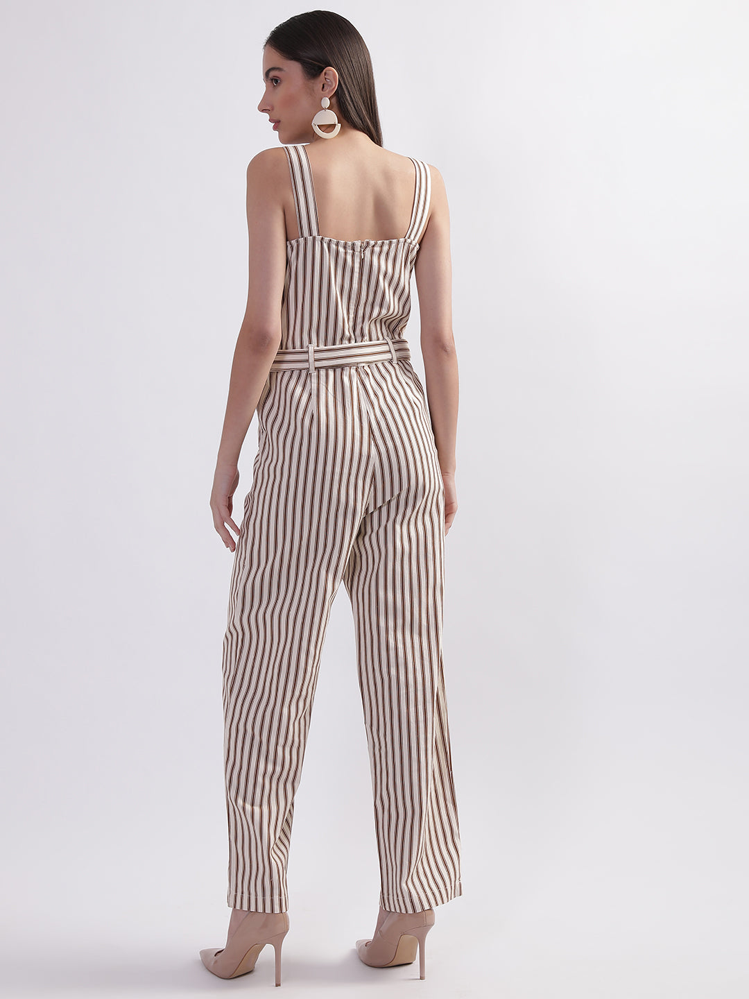 Elle Women Beige Striped Shoulder Straps Sleeveless Basic Jumpsuit