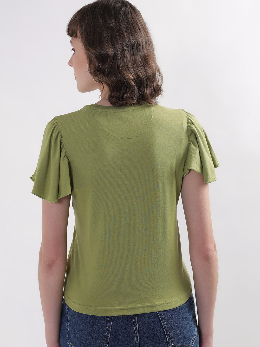 Elle Women Green Solid Round Neck Short Sleeves T-Shirt