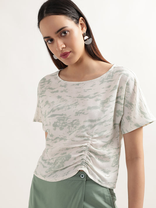 Elle Women Green Printed Round Neck Short Sleeves Top