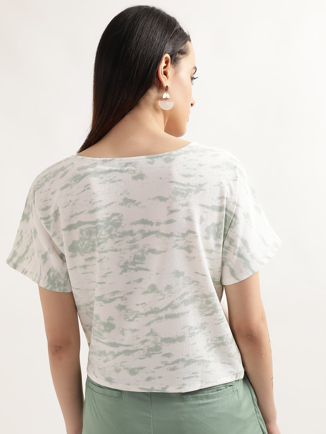 Elle Women Green Printed Round Neck Short Sleeves Top